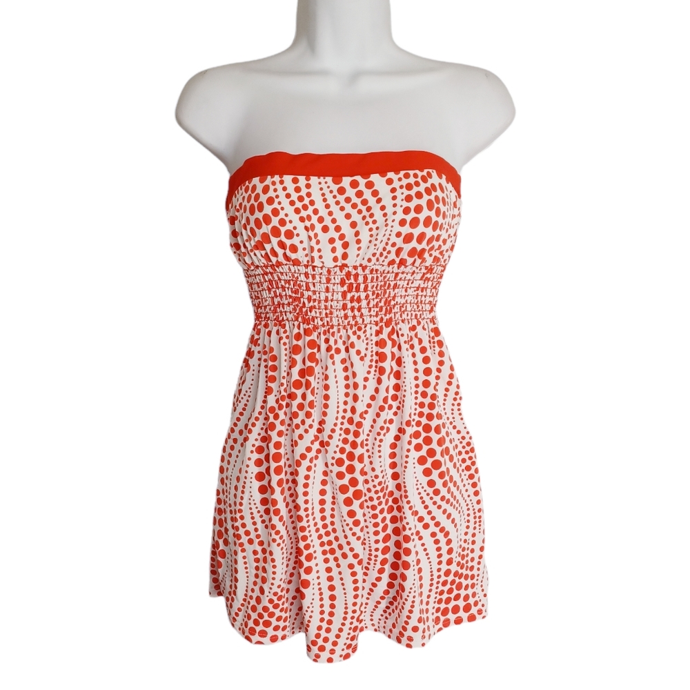 WET SEAL Red Polka Dot Wave Swirl Print White Strapless Smocked Top Small